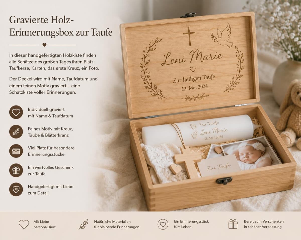 Gravierte Holz-Erinnerungsbox zur Taufe