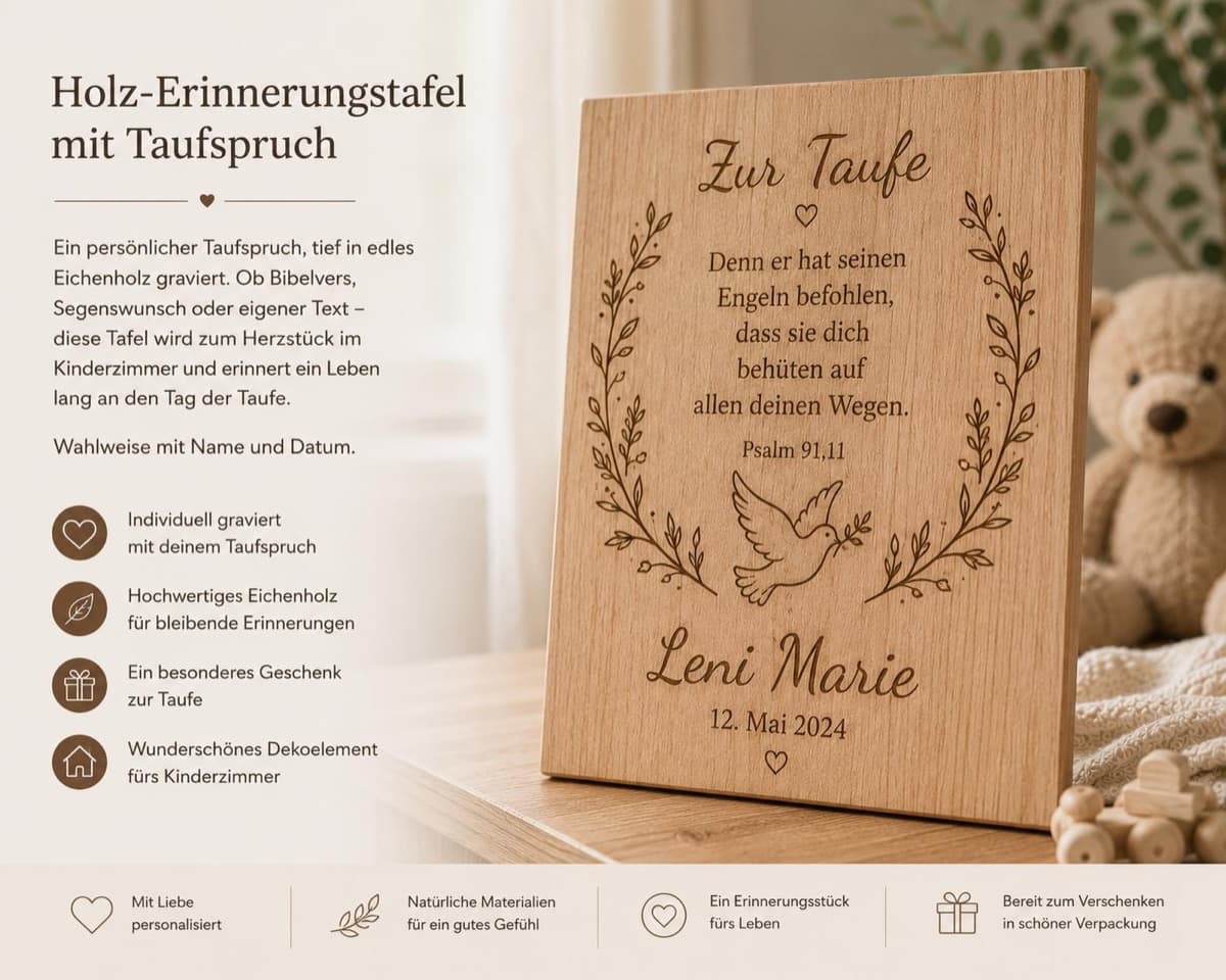 Holz-Erinnerungstafel mit Taufspruch