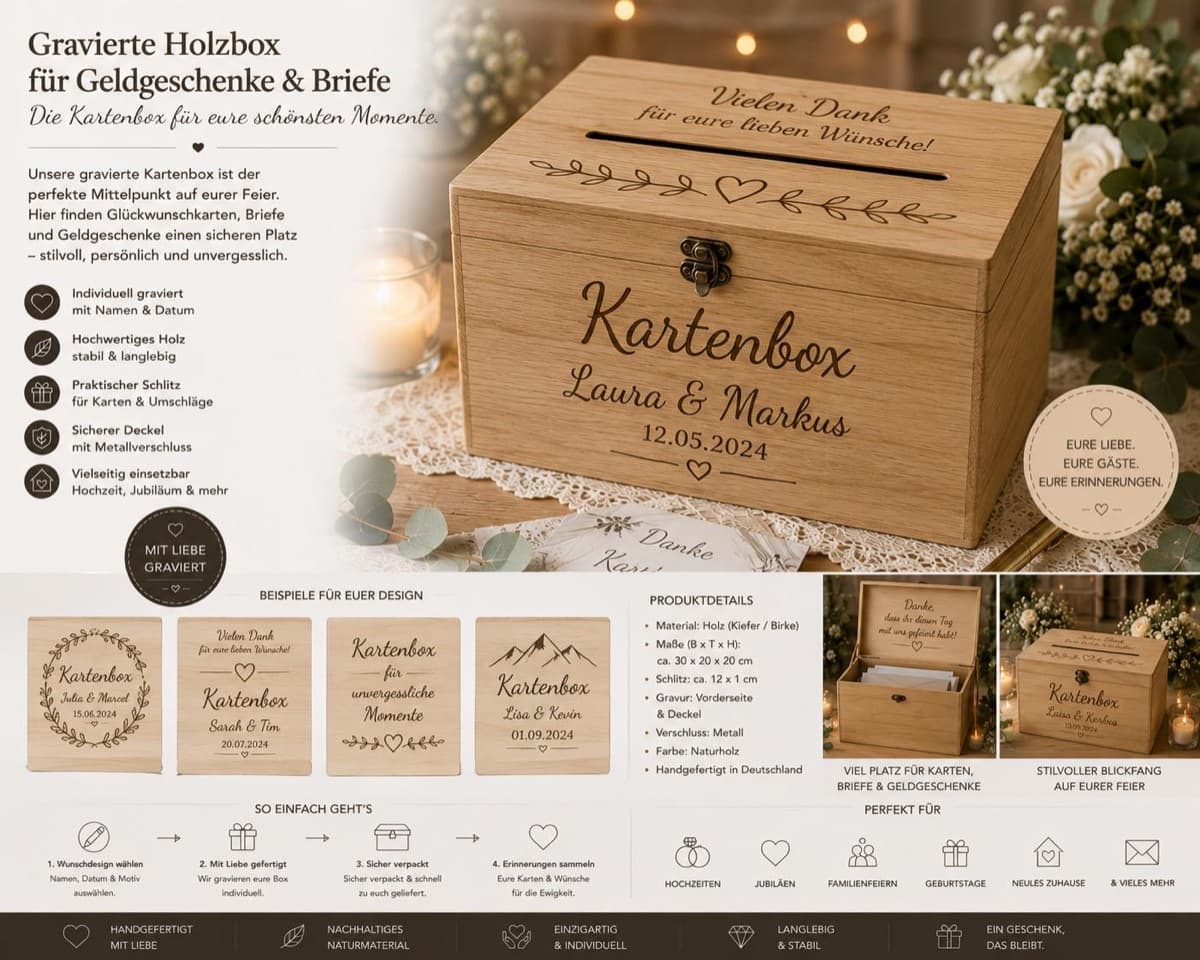 Gravierte Holzbox für Geldgeschenke & Briefe