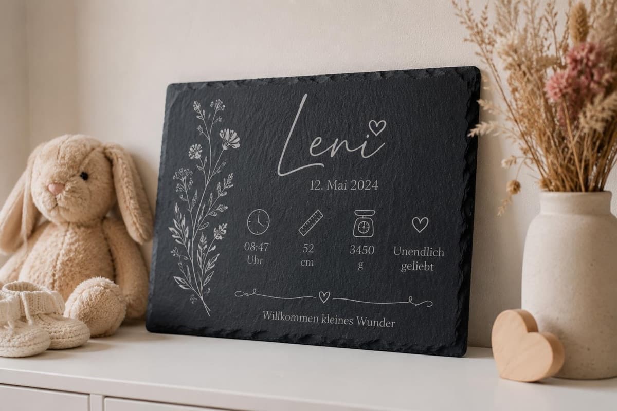 Schiefertafel mit Name & Blumen