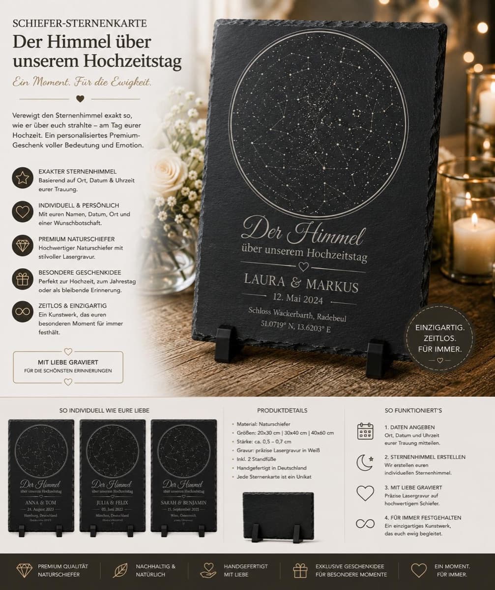Schiefer-Sternenkarte „Der Himmel über unserem Hochzeitstag"