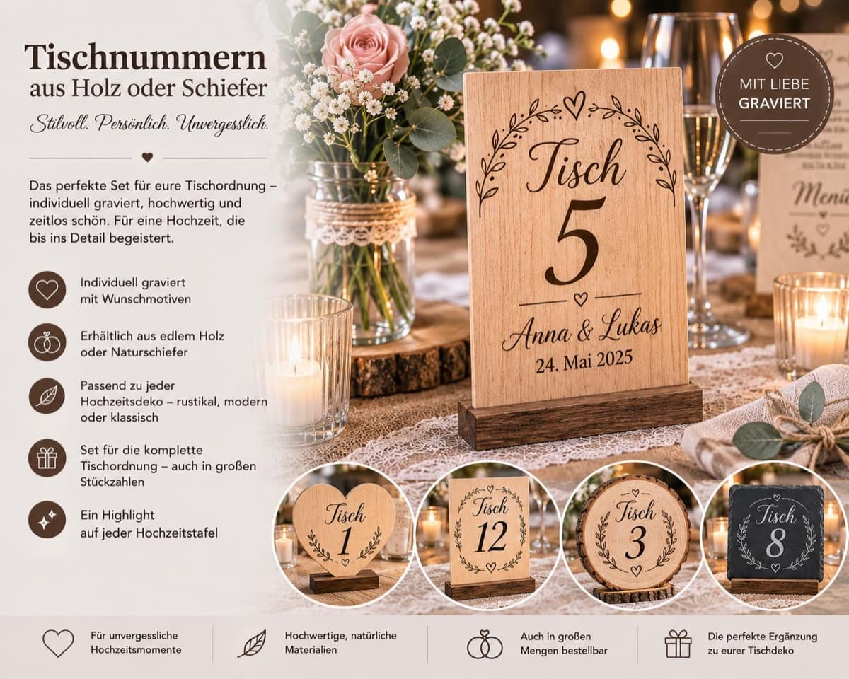 Tischnummern aus Holz oder Schiefer