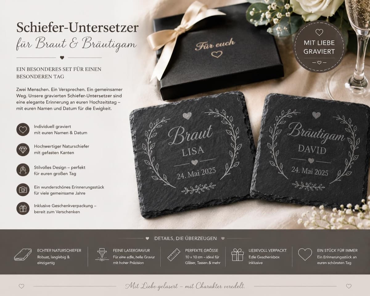 Schiefer-Untersetzer Braut & Bräutigam