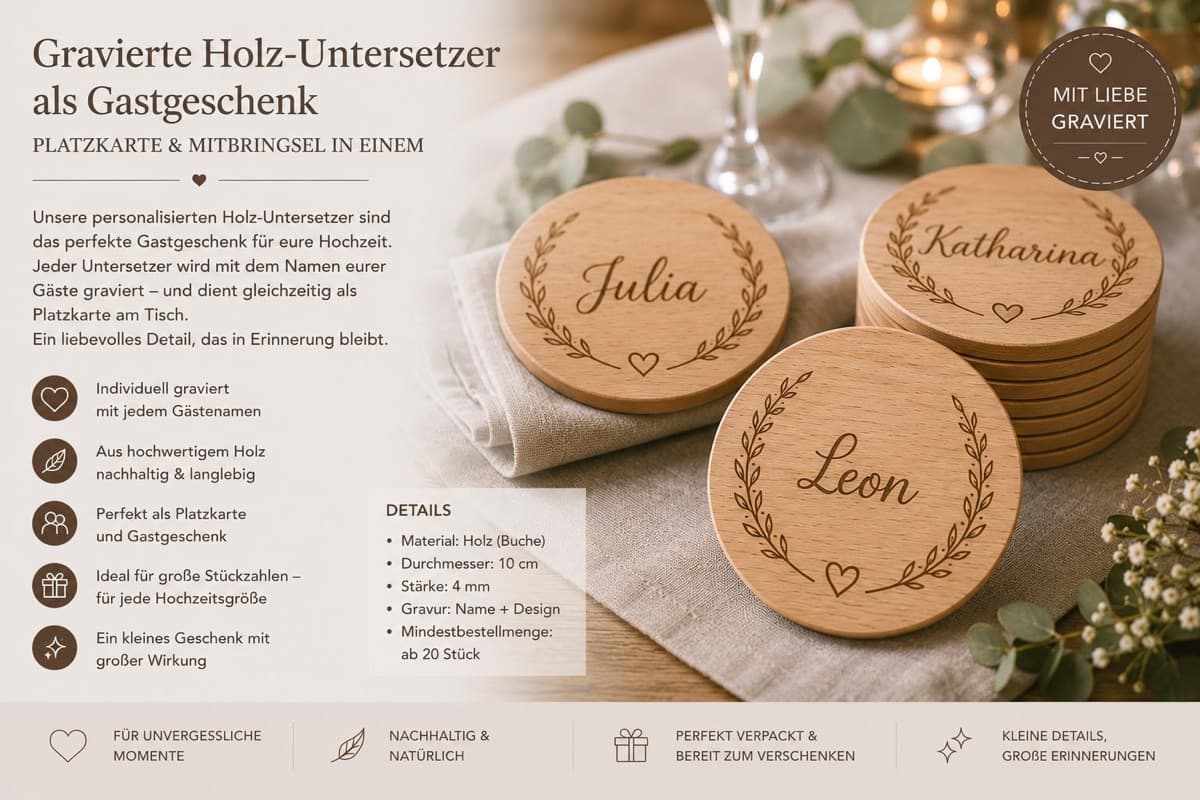 Gravierte Holz-Untersetzer als Gastgeschenk