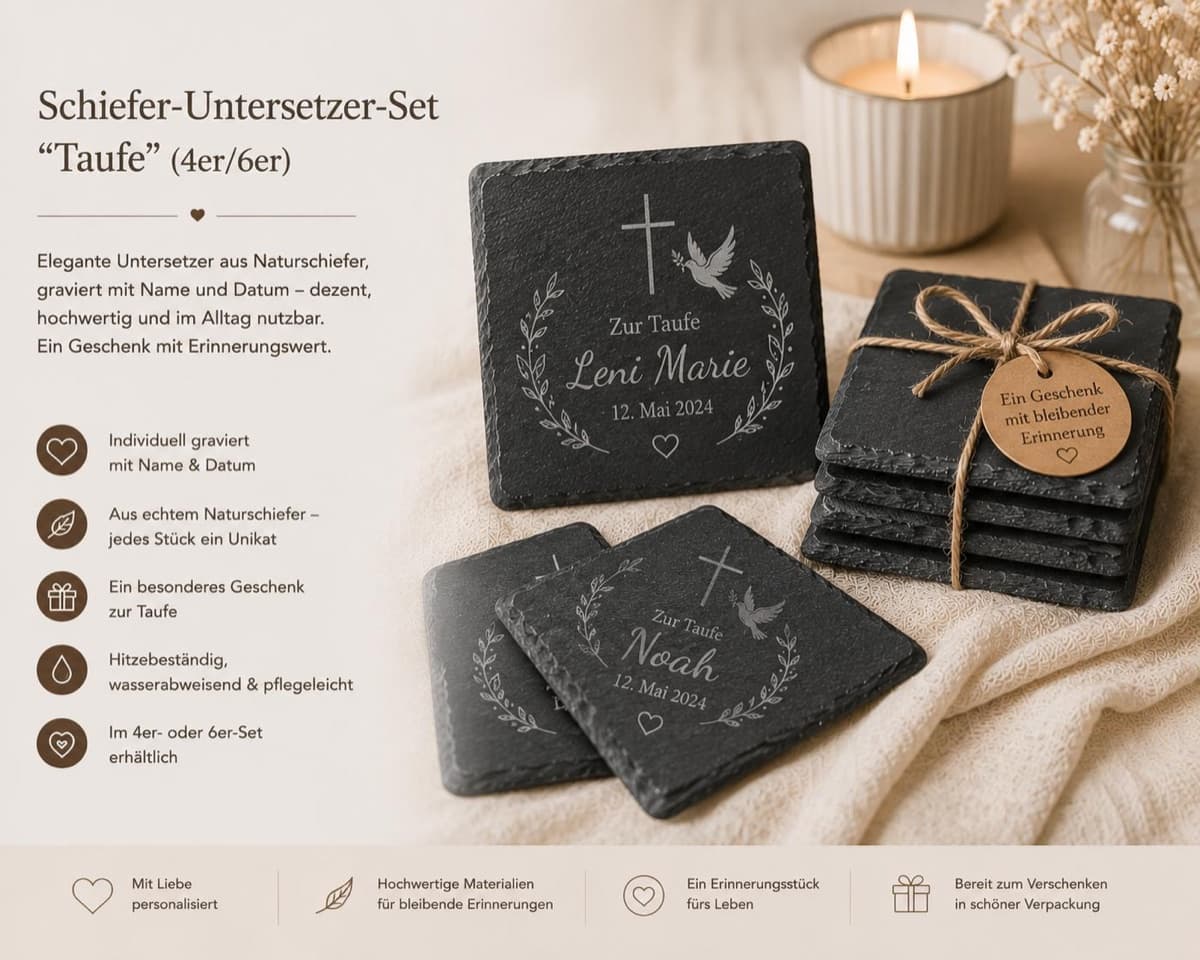 Schiefer-Untersetzer-Set „Taufe" (4er)